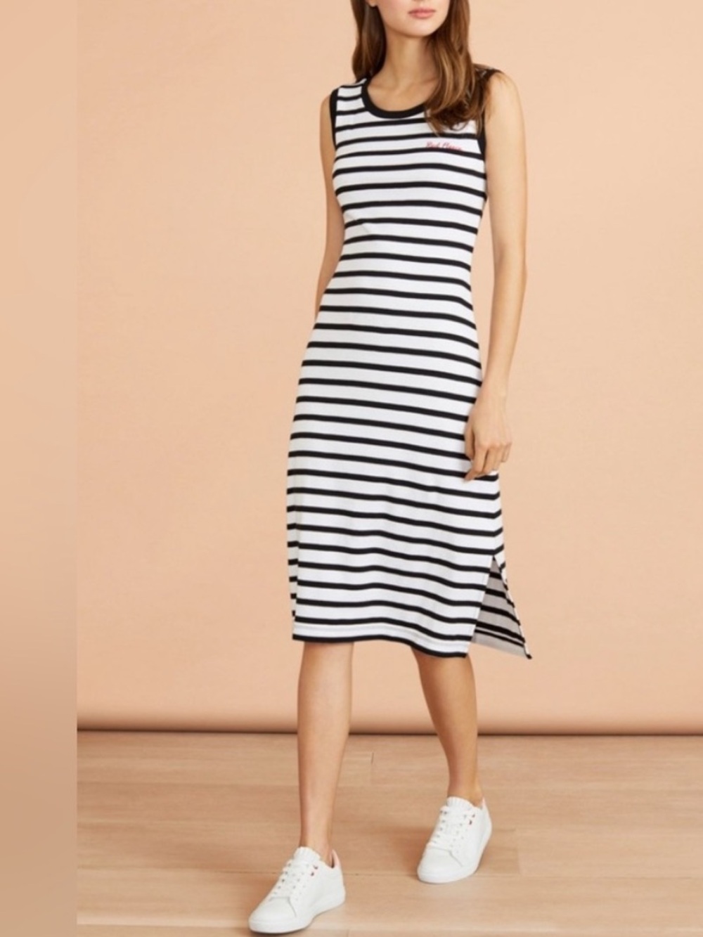 Brooks Brothers Red Fleece Striped Sleeveless Knit Midi Dress - Black & White S